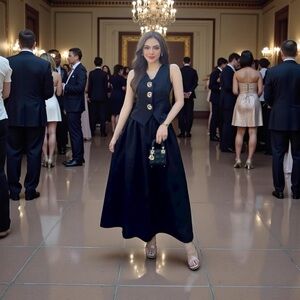 Black with Gold Button Detail Vest with Maxi Skirt